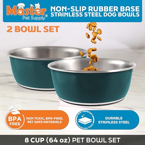 Master Pet Supply Stainless Steel Dog Bowls Set of 2 (64 Oz Each) with Non-Slip Rubber Base - Emerald Sea - Basic Dog Food Bowl Water & Food Bowls for Small Medium Large Dogs & Cats, Metal Dish - color: Emerald Sea, size: 8 Cups (64 oz) 2 Pack