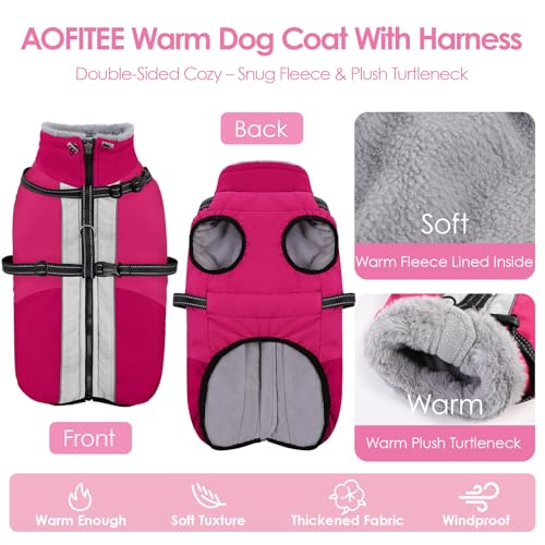 AOFITEE Dog Coat, Warm Dog Jacket with Harness Built-in, Waterproof Medium Dogs Cold Weather Coat with Zipper, Reflective Fleece Lined Pet Snow Jackets for Pug, Jack Russell, Boston Terrier, HotPink M - color: RoseRed, size: Medium