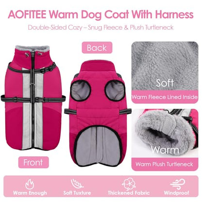 AOFITEE Dog Coat, Warm Dog Jacket with Harness Built-in, Waterproof Medium Dogs Cold Weather Coat with Zipper, Reflective Fleece Lined Pet Snow Jackets for Pug, Jack Russell, Boston Terrier, HotPink M - color: RoseRed, size: Medium