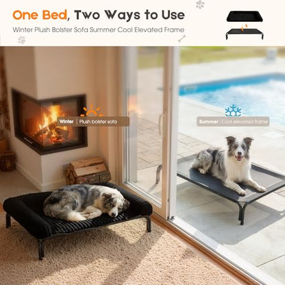 Elevated Dog Bed with Removable Fluffy Pillow Cushion, Raised Pet Cot Washable Bolster, Dog Couch Sofa, Anti Slip Feet, Breathable Mesh, Matte Black, 49"×36" - color: matte black, size: Xl(49"×36"×8")