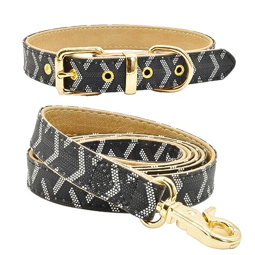 Leather Dog Collar and Leash Set, Check Pattern Dog Collar Leashes Metal Buckle Adjustable Durable for Small Medium Large Dogs (Black, L(14.5-18.5IN)) - color: Black, size: L(14.5-18.5IN)