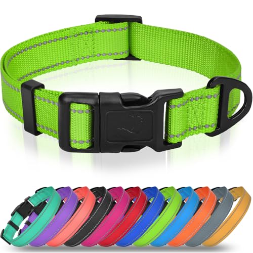 Joytale Small Dog Collar, Durable Double-Sided Reflective Nylon Collar for Night Safety, Adjustable Quick-Release for Active Breeds, Green, S (3/4" Width) - color: Green, size: S+: Width 3/4", Neck 10-16"