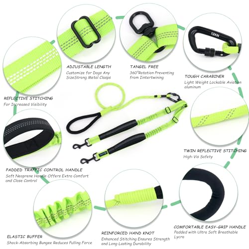 Double Dog Leash No Tangle – Dual Dog Leash for 2 Dogs with Shock Absorbing Bungee, 360° Swivel, Reflective Safety, Heavy Duty for Medium & Large Dogs (Neon Green) - color: Neon Green