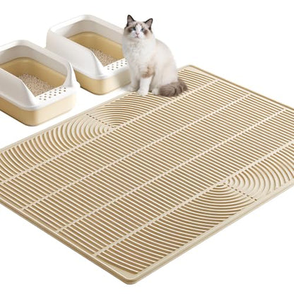 TRZZ XXL Extra Large Cat Litter Mat, Silicone Litter Box Mat for Floor, Waterproof & Non-Slip, Easy to Clean, Cat Litter Trapping Mat & Kitty Litter Catcher for Scatter Control (Khaki) - color: Khaki