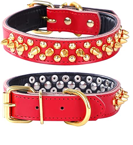 Spiked Studded Dog Collar, Soft Genuine Leather Dog Collar, Adjustable Dog Collars for Small Medium Large Dogs Breeds Pit Bull (S fit Neck 10.5-13", Red) - color: Red, size: S fit Neck 10.5-13"