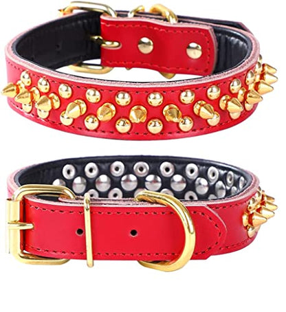 Spiked Studded Dog Collar, Soft Genuine Leather Dog Collar, Adjustable Dog Collars for Small Medium Large Dogs Breeds Pit Bull (S fit Neck 10.5-13", Red) - color: Red, size: S fit Neck 10.5-13"