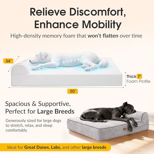 KOPEKS Orthopedic Memory Foam Dog Bed 7" Inch Thick Extra Large Dog Bed With Pillow Grey 50"x34"x10" Includes Waterproof Liner & Durable Removable Cover With Smart Design - color: Grey