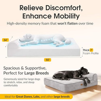 KOPEKS Orthopedic Memory Foam Dog Bed 7" Inch Thick Extra Large Dog Bed With Pillow Grey 50"x34"x10" Includes Waterproof Liner & Durable Removable Cover With Smart Design - color: Grey