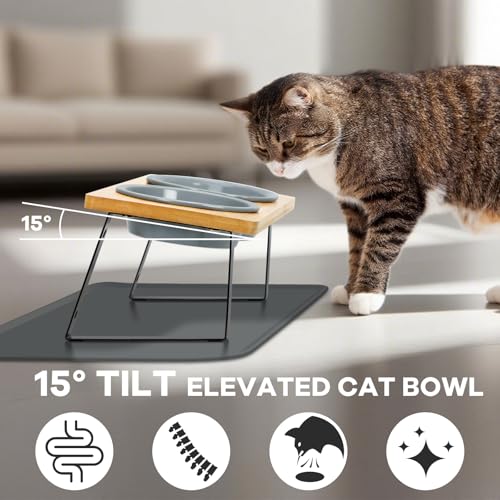 LEAWALK Upgraded Adjustable Height Cat Food Bowls Stand Ceramic Dog Bowls and Slow Feeder Cat Bowl, 15°Tilted Stand Anti Vomiting Raised for Small and Medium Sized Cats Dogs (Grey (2 Bowl+Pet mat)) - color: Grey ( 2 Bowl+Pet mat)