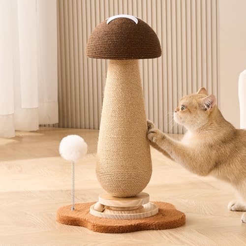 Mushroom Cat Scratching Post Cat Tree, 21.5‘’ H Cute Cat Scratcher Tower with Durable Solid Wood Turntable Toy, Acorn Brown Mushroom Scratch Post Cat Sisal Scratcher with Catnip for Indoor Cats - color: Brown Mushroom