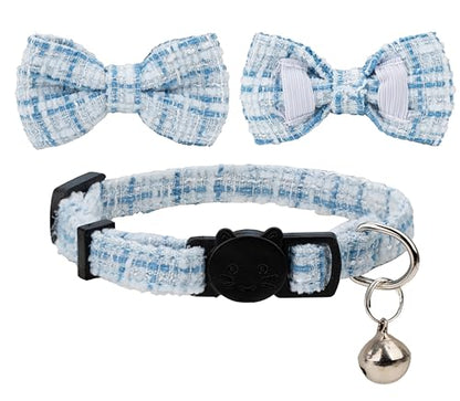 Cat Collar with Bow Tie 2pcs Set Bell Boy Girl Kitten Safety Plaid Grid Checkered Solid Color Suede Velvet Cute Soft Fluffy Gift B-[2pcs] Blue - color: Style B-[2pcs] Blue
