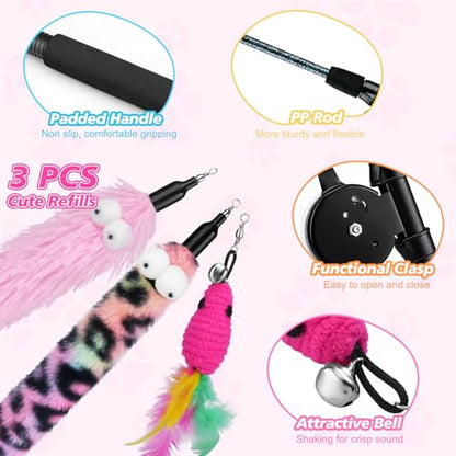 Pawaboo Cat Teaser Wand Toys, Cat Fishing Pole Toy with 3 Pack Feather Refills, 3-Section Retractable Kitten Feather Toys with Pulley, Indoor Cats Teaser Catcher Exerciser with Bell, Rose Red + Pink - color: Plush-Pink