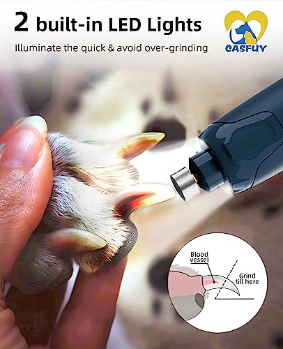Casfuy Dog Nail Grinder Quiet - (45db) 6-Speed Pet Nail Grinder with 2 LED Lights for Large Medium Small Puppy Dogs/Cats, Professional 3 Ports Rechargeable Electric Dog Nail Trimmer with Dust Cap - color: Blue