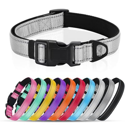 Reflective Dog Collar with Quick Release Buckle - Metal Ring - Adjustable Soft Neoprene Padded Basic Dog Collar for Small Medium Large Dogs (LightGray, Large :Width 1",Neck 15.7-23.6") - color: Lightgray, size: Large