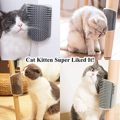 Hair Brush, 4 Pack Cat Wall Corner Groomers with Catnip, Soft Face Scratchers Brush, Corner Massage Comb for Long & Short Fur Cat Owners, All Ages, Unisex (Grey&Blue)