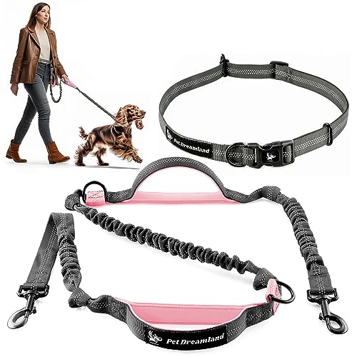 Exquisite Hands-Free Leash for Medium Dogs: Ultimate Comfort & Freedom for Running, Walking, Hiking. Premium Quality, Durable & Versatile Waist Dog Leash Belt. Your Dog Will Love It - color: Dark Grey & Pink