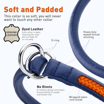 Dogline Soft and Padded Round Leather Choke Collar for Dogs (Royal Blue, W3/8-in x L22-in) - color: Royal Blue, size: W3/8-in x L22-in