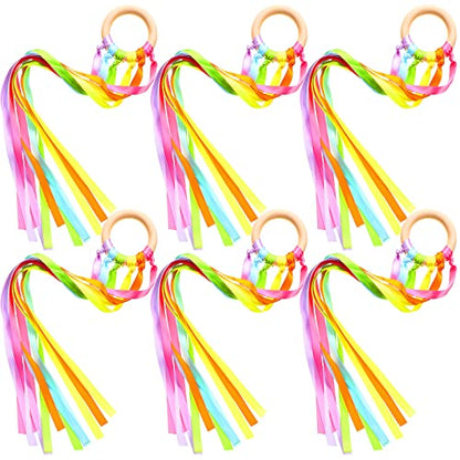 Sumind 6 Pcs Rainbow Ribbon Hand Kites Wands for Kids Dancer Streamer String Toy Thrown Waldorf Wand with Wooden Ring Wand Learning Educational(Fresh Colors) - style: Fresh Colors