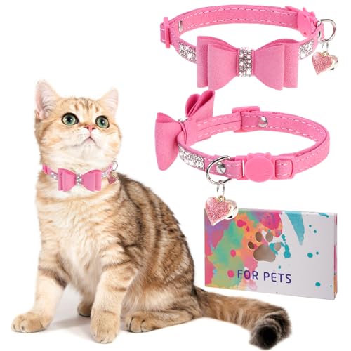 Rhinestone Cat Collar with Bow, Breakaway Elegant Female Diamond Cat Collars with Bell, Pink Leather Sparkly Bowtie Pet Collar for Girl Boy Small Kitten Puppy with Safety Buckle, 8-12" - color: Butterfly Pink, size: 8"-12" Cats / Mini Dogs
