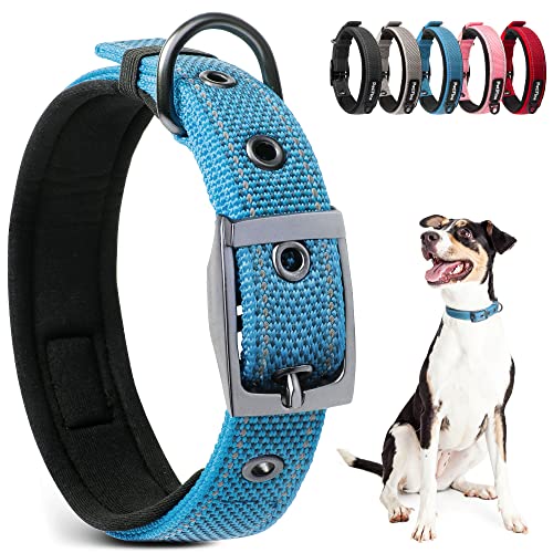 Dog Collar for Large Dogs, Neoprene Padded and Adjustable, Reflective Wide Heavy Duty Pet Collars with Durable Metal Belt Buckle for Walking, Blue, L - color: Blue, size: Large (19"-23")