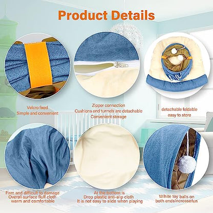 BWOGUE Bunny Tunnel Bed, 2-in-1 Collapsible Tunnel Tubes Toys with Removable Mat Hideout for Cats Kittens Rabbits Guinea Pigs Kitty - color: Blue