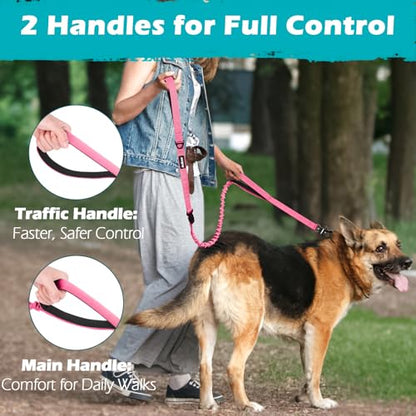 Heavy Duty Tactical Dog Leash, 5 FT Bungee Shock Absorption Leash with 2 Padded Handles, Quick Release Metal Clip, Car Seatbelt, No Pull Training Lead for Large Medium Dogs（Pink） - color: Pink