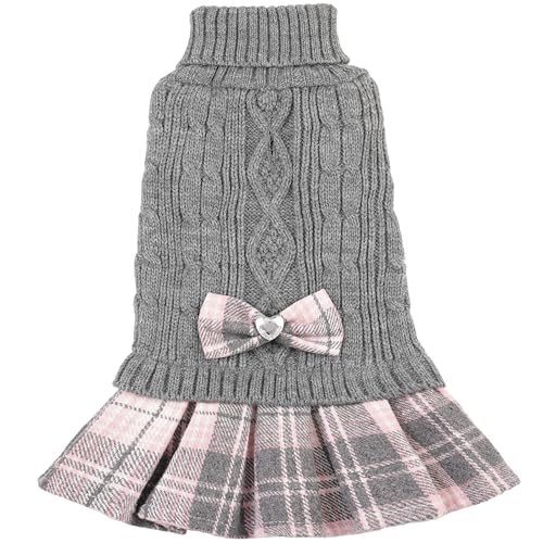 Dog Sweater Dress for Small Dogs Girl with Bowtie Pet Sweaters Pullover Coats Warm Dog Turtleneck Sweater with Leash Hole Pet Dogs Winter Clothes for Yorkies Chihuahua (Grey, Large) - color: Grey, size: Large (15-22lbs)
