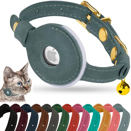 OOPSDOGGY Reflective Leather AirTag Cat Collar with Bell - Non Breakaway Adjustable Pet Collar with Apple Air Tag Holder - Lightweight GPS Kitten Collars for Small Dogs Puppy (Denim) - color: Denim