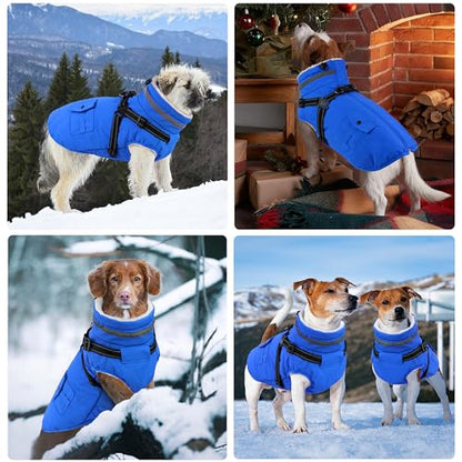 Dog Coat with Harness, Waterproof Warm Dog Winter Jacket with Pockets, Reflective Pet Fleece Jacket Turtleneck Snowsuit for Small Medium Large Dogs - Blue, 2XL - color: Blue, size: XX-Large( Chest:35.4" Back:23.6" Neck:23.6")
