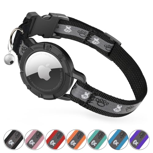 Reflective AirTag Cat Collar, Integrated Cat Tracker Collar with Air Tag Holder and Bell, Safety Elastic Band Cat GPS Collars for Girl Boy Cats, Kittens and Puppies (Black, XS) - color: Black, size: XS(7"-9")
