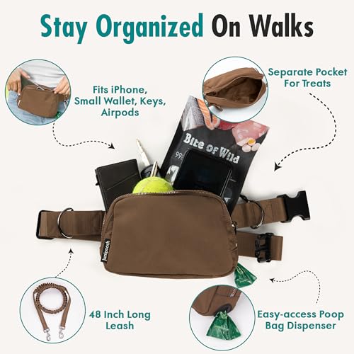 Hands Free Dog Leash with Dog Treat Pouch - Stylish & Trendy Waist Leash for Dog Walking - Wear Around the Waist or Crossbody - Durable & Detachable - Shock Absorbing - Waste Bag Dispenser - color: Caramel