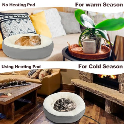 Rypet Heated Cat Bed Indoor, Soft & Cozy Donut Heated Pet Bed with Timer and Timer, Adjustable Temperature Heated Dog Beds for Small Dogs and Senior Cats with Chew Resistant Cord