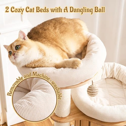 Modern Solid Wood Cat Tree for Indoor Cats Large Adult, 50in Tall Cat Tower with Sisal Scratching Posts, Cat Scratcher Cardboard, Cozy Cat Beds Cave Condo, Multi-Level Cat Furniture - color: Natural