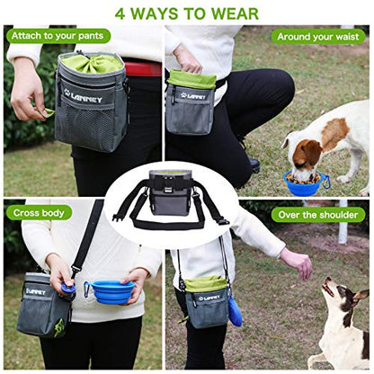 Dog Treat Pouch - 3 Ways to Wear Dog Treat Bag, Dog Training Treat Pouches for Pet Training with Clicker, Shoulder Strap, Adjustable Belt, Poop Bag Dispenser, Easily Carrying Kibble Snacks Pet Toys - color: Pouch(Gray with Green)+Clicker
