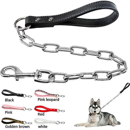 28 inch Length Heavy Duty Dog Chain Lead Leash Leather Handle for Large & Medium Size Dogs Walking,Traffic Training and Traveling (Hot Pink) - color: Hot Pink