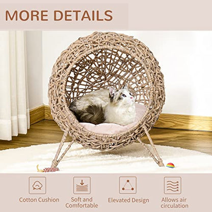 PawHut 20.5" Weaved Cat Bed, Elevated Hand-Woven Braided Banana Leaf Kitten House Condo with Cushion, Beige - color: Beige