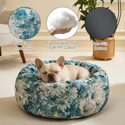 Dog Calming Beds for Small Medium Large Dogs - Round Donut Washable Puppy Dog Bed, Anti-Slip Faux Fur Fluffy Donut Cuddle Anxiety Cat Pet Bed (24" Flower) - color: Flower, size: 24"L x 24"W x 8"Th