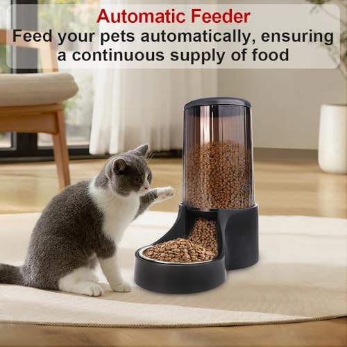 Automatic Cat Feeder, 3.8L Large Gravity Cat Food Dispenser with Detachable Top Lid, Visible Bottle and Stainless Steel Bowl for Pets (Full Black) - color: Full Black