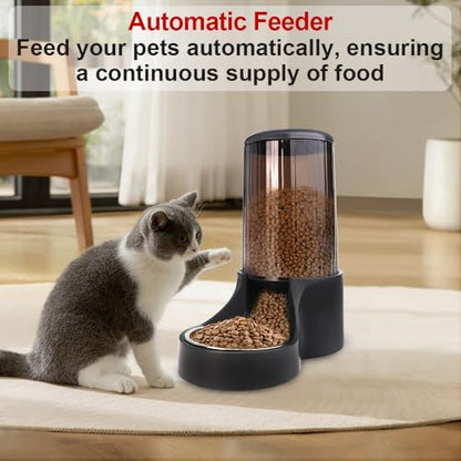 Automatic Cat Feeder, 3.8L Large Gravity Cat Food Dispenser with Detachable Top Lid, Visible Bottle and Stainless Steel Bowl for Pets (Full Black) - color: Full Black
