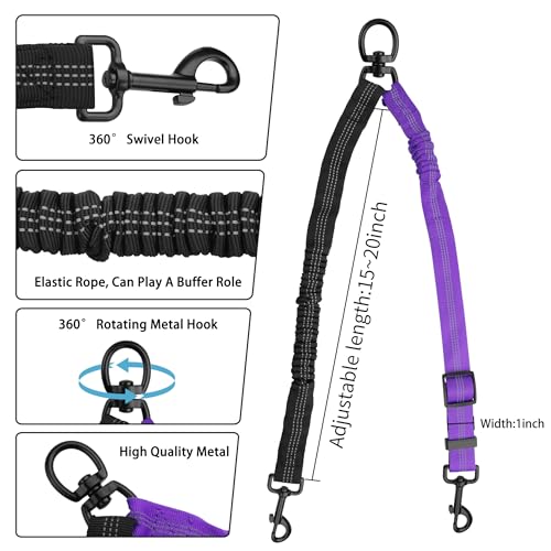 YAODHAOD Double Dog Leash,Two Dog Leash Splitter, No Tangle 360° Swivel Rotation Reflective Lead, Adjustable Length Bungee Heavy Duty Walking Training Dual Extension (Black + Purple) - color: Black + Purple