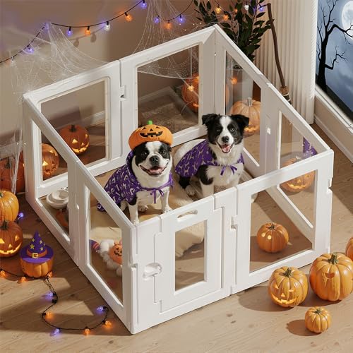 Clear Acrylic Dog Playpen Indoor, Puppy Cat Small Pet Play Pen, Easy Assemble & Disassemble Sturdy Plastic Dog Fence with Heavy Duty Door Lock (24In H, 8PCS), White - color: White, style: 8 Panels - 24 In