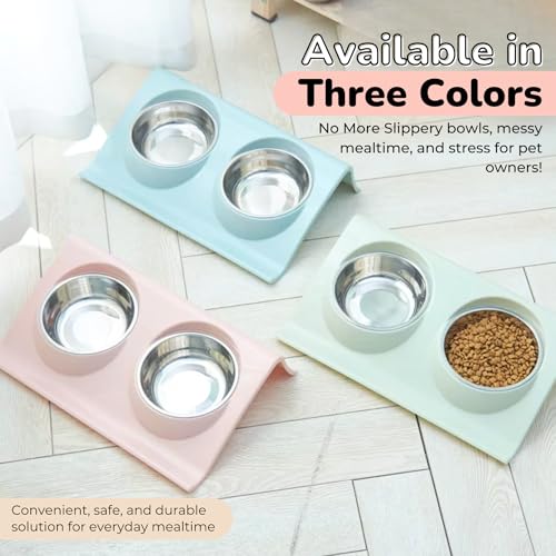 Double Dog Food Bowls Stainless Steel - Puppy Food and Water Bowl Set with Weighted Non-Slip Base - Non-Skid Design - Dog Bowl Set for Puppy Cats Kitten Small Medium Dogs - Pink - color: Pink