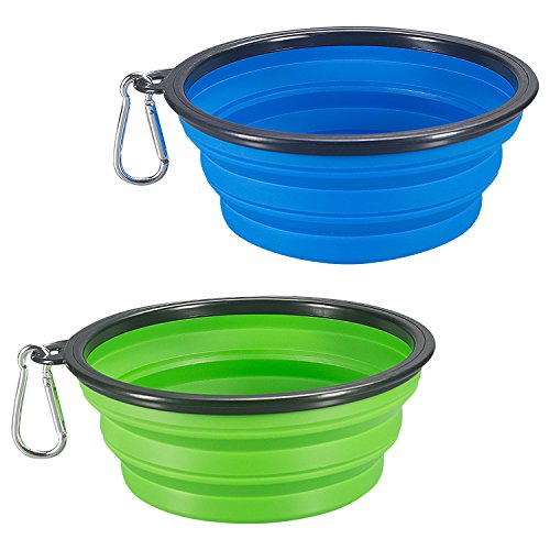 Comsun 2-Pack Extra Large Size Collapsible Dog Bowl, Foldable Expandable Cup Dish for Pet Cat Food Water Feeding Portable Travel Bowl Blue and Green - color: Blue and Green, size: Large
