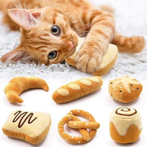 CiyvoLyeen Bread Catnip Toys, Cat Toy for Indoor Interactive Toys, Kitten Chew Bite Kick Toy Baguette Croissant Pretzel Toast Bun Cinnamon Roll Plush Catmint Pet Birthday Presents 6 Pack - color: Bread - 6Pcs