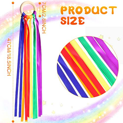 Sumind 6 Pcs Rainbow Ribbon Hand Kites Wands for Kids Dancer Streamer String Toy Thrown Waldorf Wand with Wooden Ring Wand Learning Educational(Vivid Colors) - style: Vivid Colors