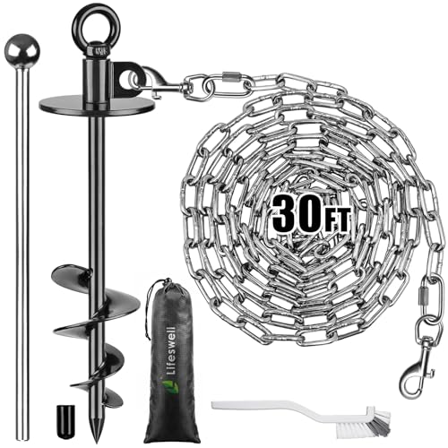 Dog Tie Out Chains and Stake, 30ft Chew Proof Stainless Steel Dog Chains for Outside, 15" Heavy Duty Dog Anchor for Dogs Up to 125lbs, Fully Welded, No Tangle, Ideal for Yard and Camping - color: Black-A, size: 30ft chain + stake