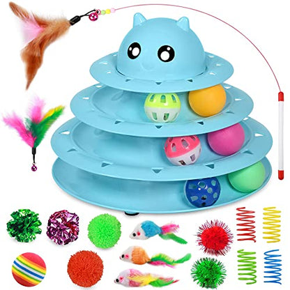 UPSKY 20 PCS Cat Toys - 3-Level Turntable Roller with Balls for Indoor Cats, Kitten Set with Teaser, Mice, Spring, and Various Ball Toys - color: B-20PCS-Blue