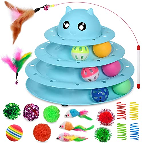 UPSKY 20 PCS Cat Toys - 3-Level Turntable Roller with Balls for Indoor Cats, Kitten Set with Teaser, Mice, Spring, and Various Ball Toys - color: B-20PCS-Blue