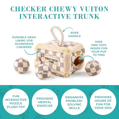 Haute Diggity Dog Chewy Vuiton Trunk Puzzle with 3 Plush Squeaky Dog Toys, Soft Durable Designer-Inspired Stuffed Puppy Chew Toys for Small & Medium Dogs, Machine-Washable (Tan Checker) One Size - color: Brown Trunk, size: One Size