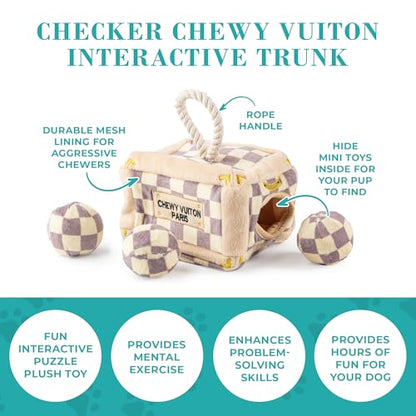 Haute Diggity Dog Chewy Vuiton Trunk Puzzle with 3 Plush Squeaky Dog Toys, Soft Durable Designer-Inspired Stuffed Puppy Chew Toys for Small & Medium Dogs, Machine-Washable (Tan Checker) One Size - color: Brown Trunk, size: One Size
